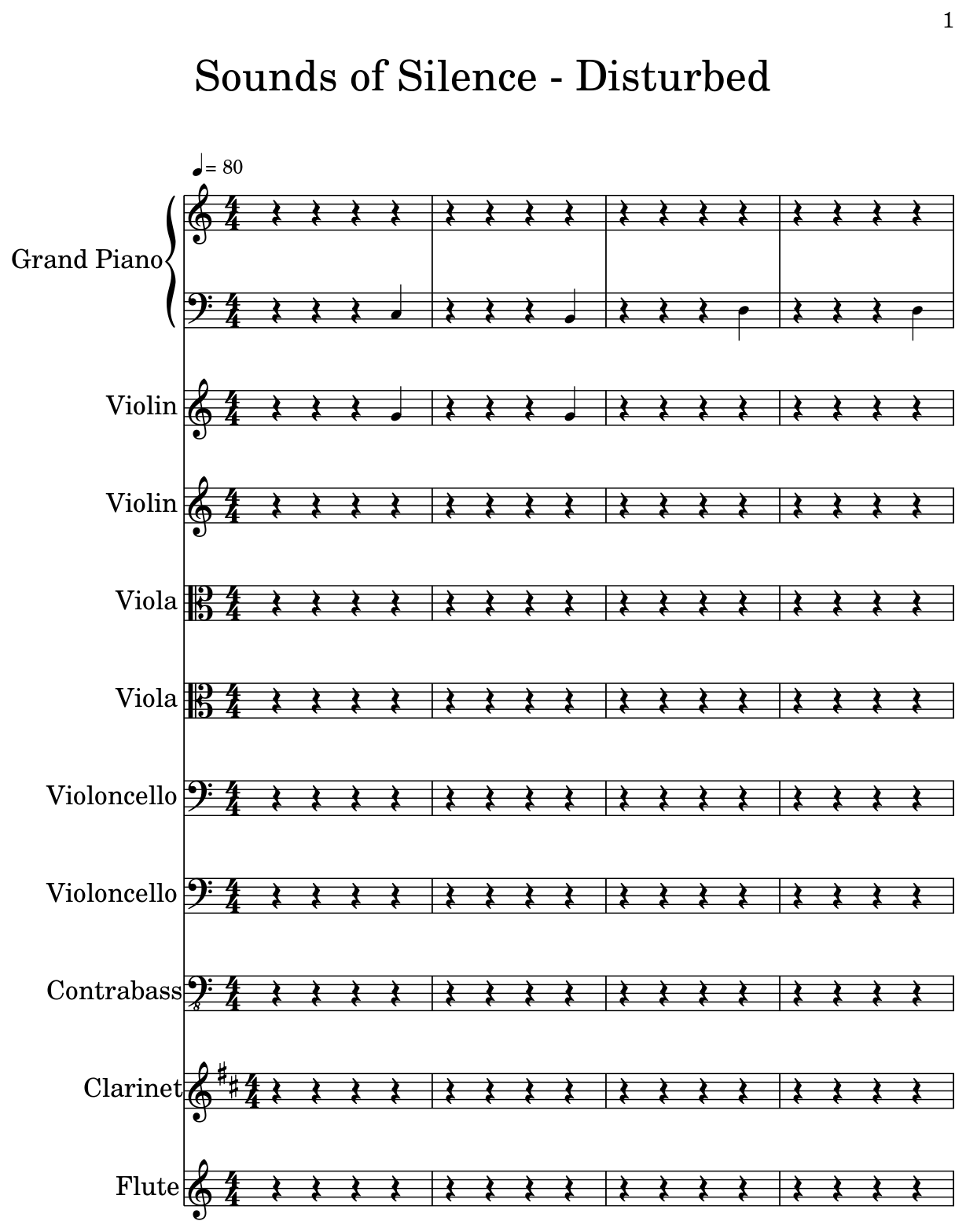Sounds Of Silence Disturbed Sheet Music For Piano Violin Viola Cello Contrabass Clarinet Flute Alto Saxophone Horn In F Trombone Trumpet Acoustic Guitar Glockenspiel
