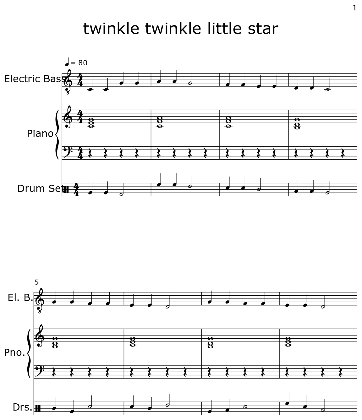 Twinkle Twinkle Little Star Sheet Music For Electric Bass Piano Drum Set