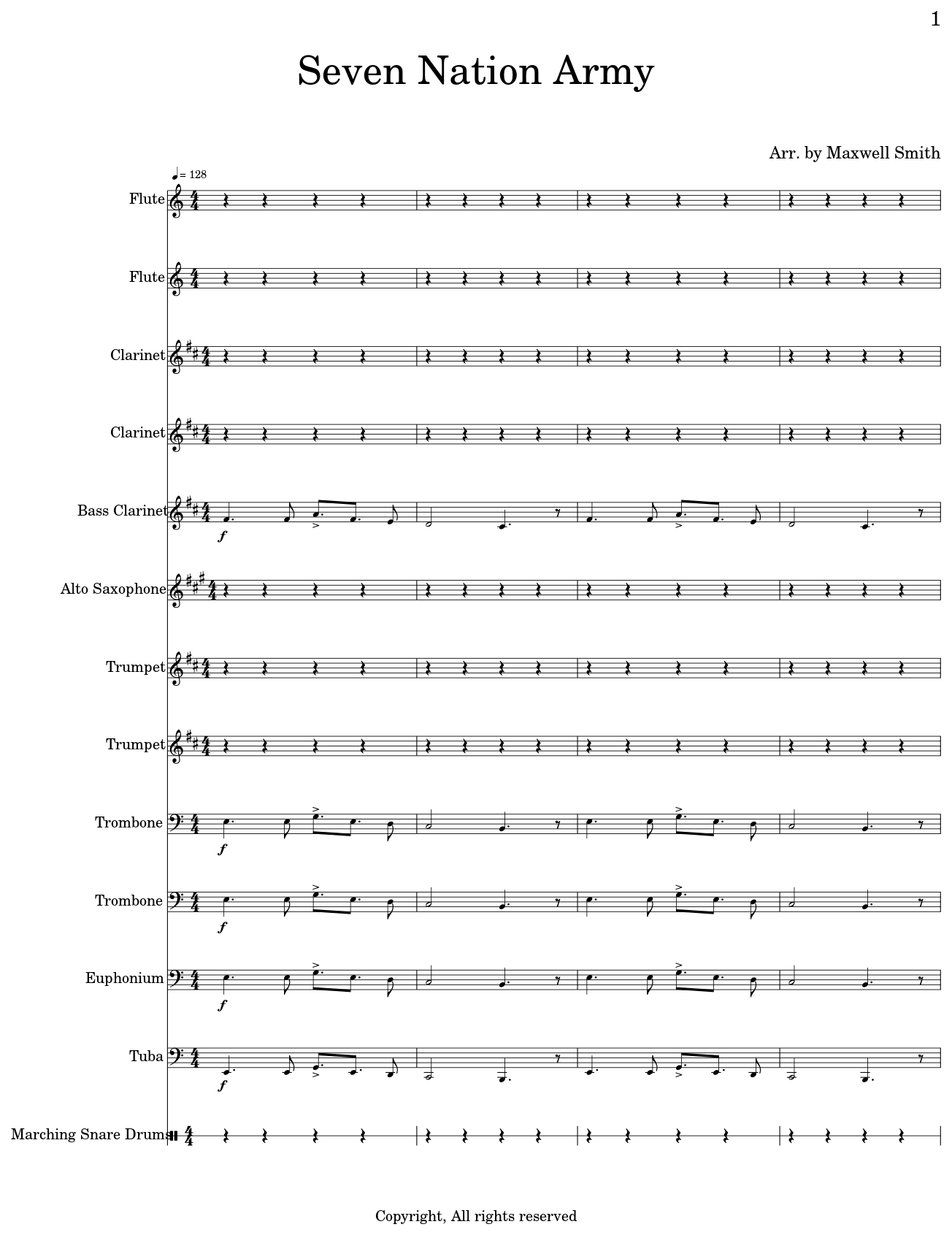 Seven Nation Army Sheet Music For Flute Clarinet Bass Clarinet Alto Saxophone Trumpet Trombone Euphonium Tuba Marching Bass Drums