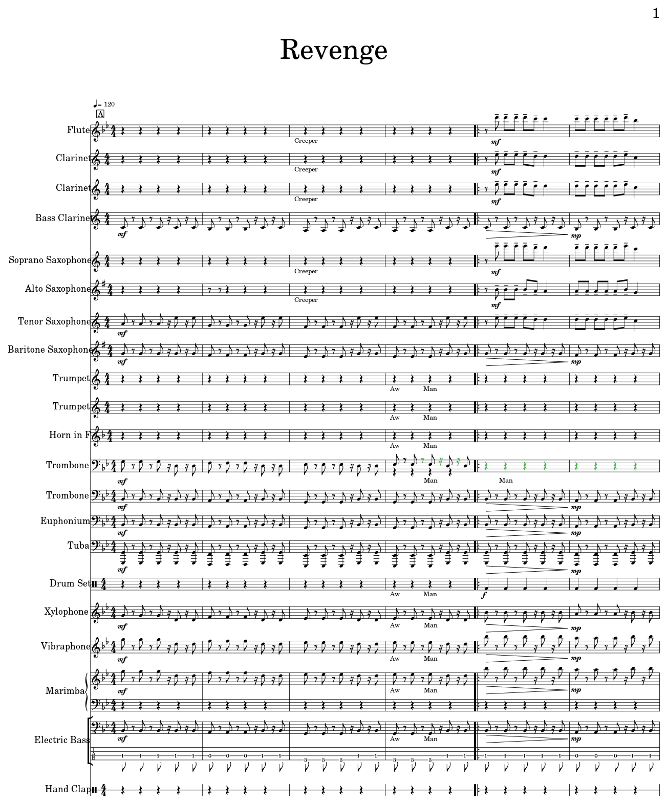 Revenge Sheet Music For Flute Clarinet Bass Clarinet Soprano Saxophone Alto Saxophone Tenor Saxophone Baritone Saxophone Trumpet Horn In F Trombone Euphonium Tuba Drum Set Xylophone Vibraphone Marimba Electric Bass Hand