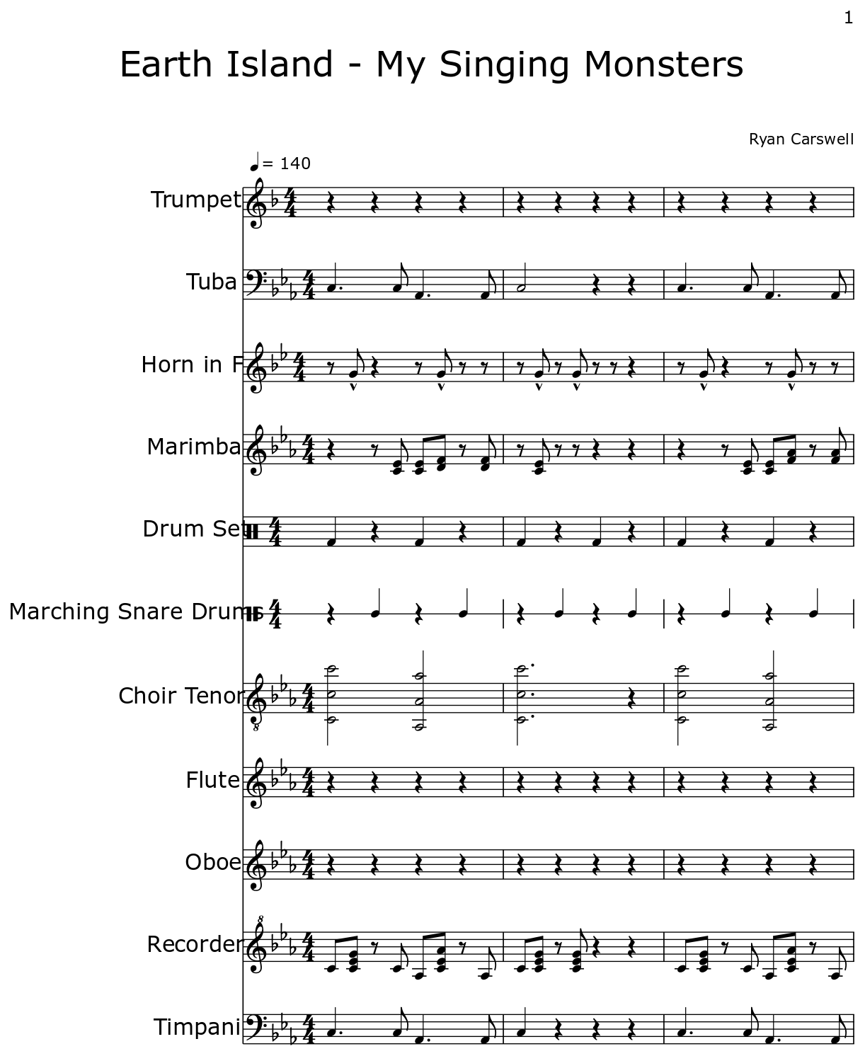 Earth Island My Singing Monsters Sheet Music For Trumpet Tuba