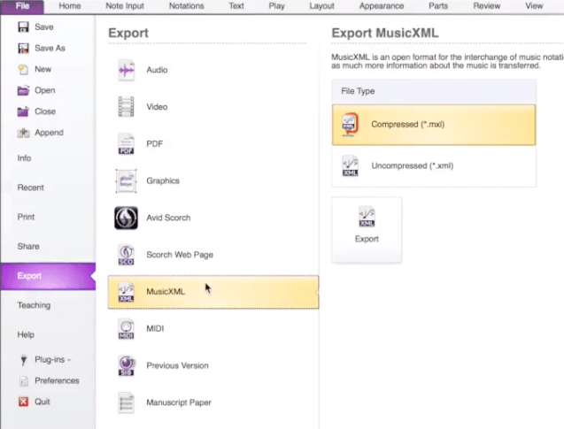 Sibelus: File > Export > MusicXML
